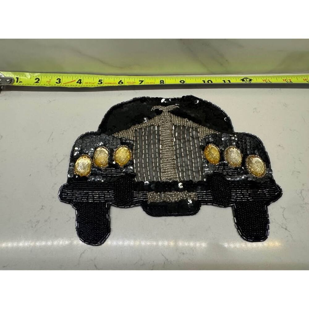 Vintage Beaded Sequin Rolls Royce car applique patch pin Black Gold Glam